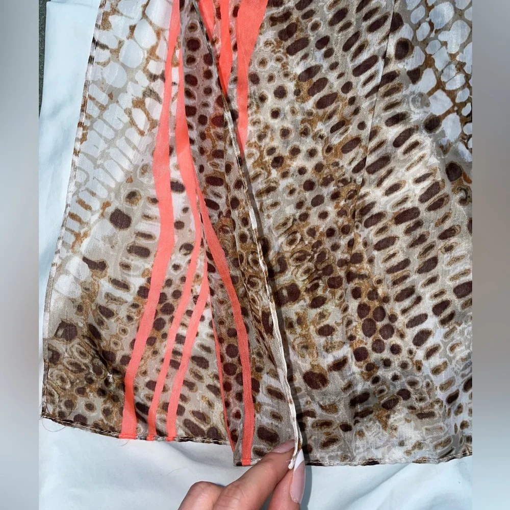 Calvin‎ Klein Leopard Brown Scarf with Neon Coral Stripes